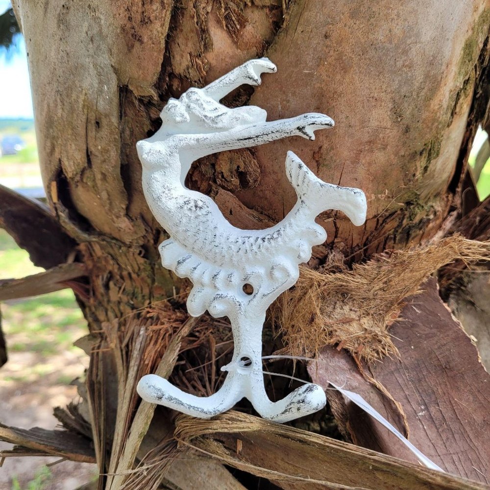 Iron Mermaid Double Wall Hook Distressed White 5"